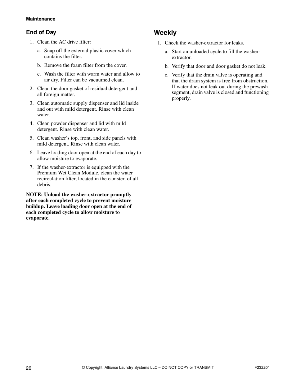 End of day, Weekly | Alliance Laundry Systems F232201R4 User Manual | Page 28 / 36