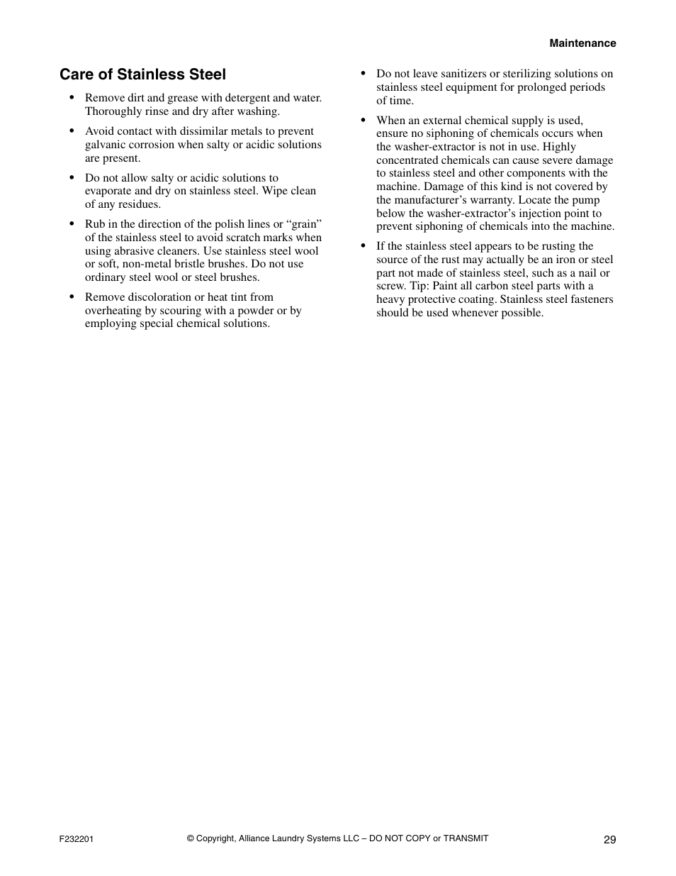 Care of stainless steel | Alliance Laundry Systems F232201R4 User Manual | Page 31 / 36