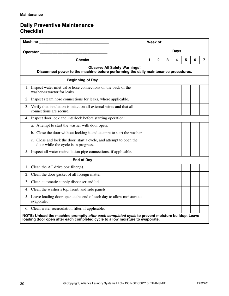 Daily preventive maintenance checklist | Alliance Laundry Systems F232201R4 User Manual | Page 32 / 36