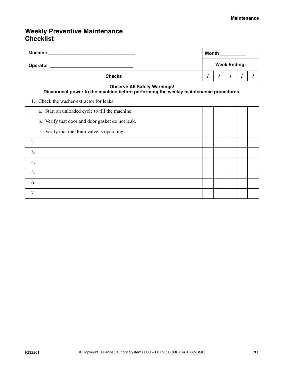Weekly preventive maintenance checklist | Alliance Laundry Systems F232201R4 User Manual | Page 33 / 36