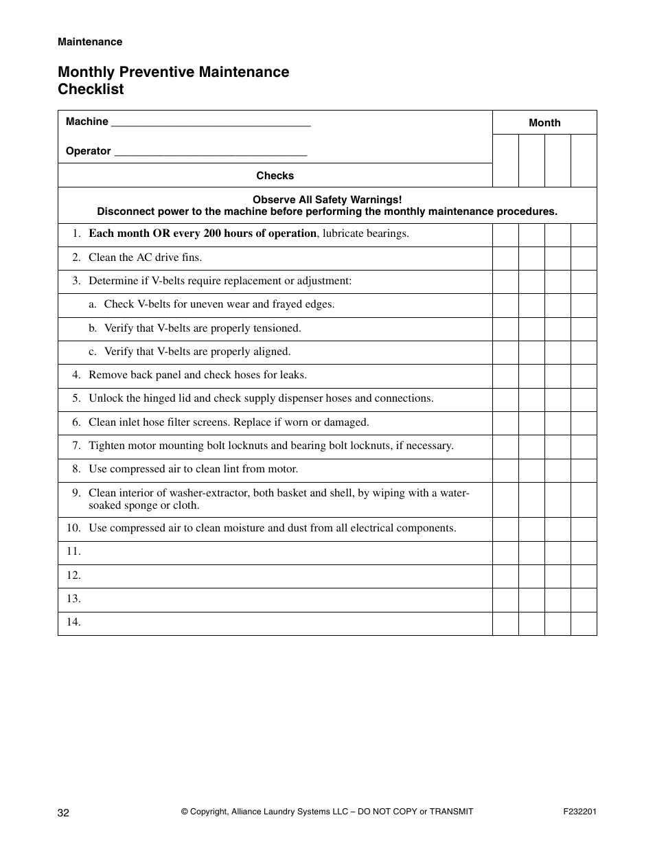 Monthly preventive maintenance checklist | Alliance Laundry Systems F232201R4 User Manual | Page 34 / 36