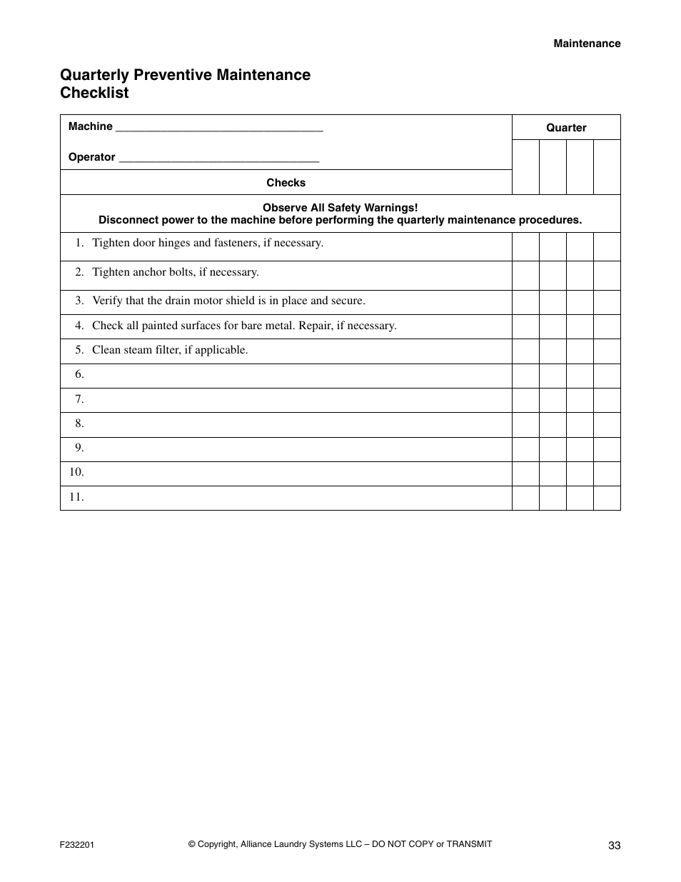Quarterly preventive maintenance checklist | Alliance Laundry Systems F232201R4 User Manual | Page 35 / 36