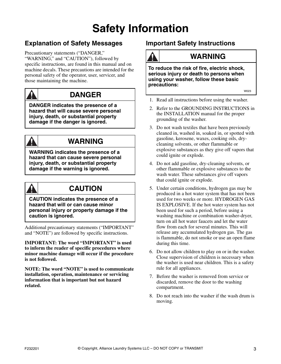 Safety information, Explanation of safety messages, Important safety instructions | Danger, Warning, Caution | Alliance Laundry Systems F232201R4 User Manual | Page 5 / 36