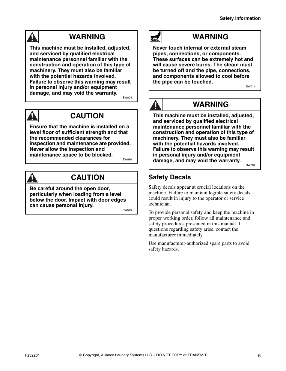 Safety decals, Warning, Caution | Alliance Laundry Systems F232201R4 User Manual | Page 7 / 36