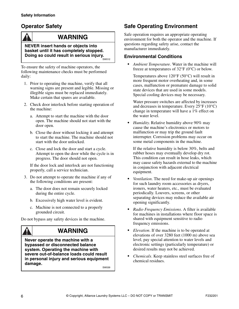 Operator safety, Safe operating environment, Environmental conditions | Warning | Alliance Laundry Systems F232201R4 User Manual | Page 8 / 36