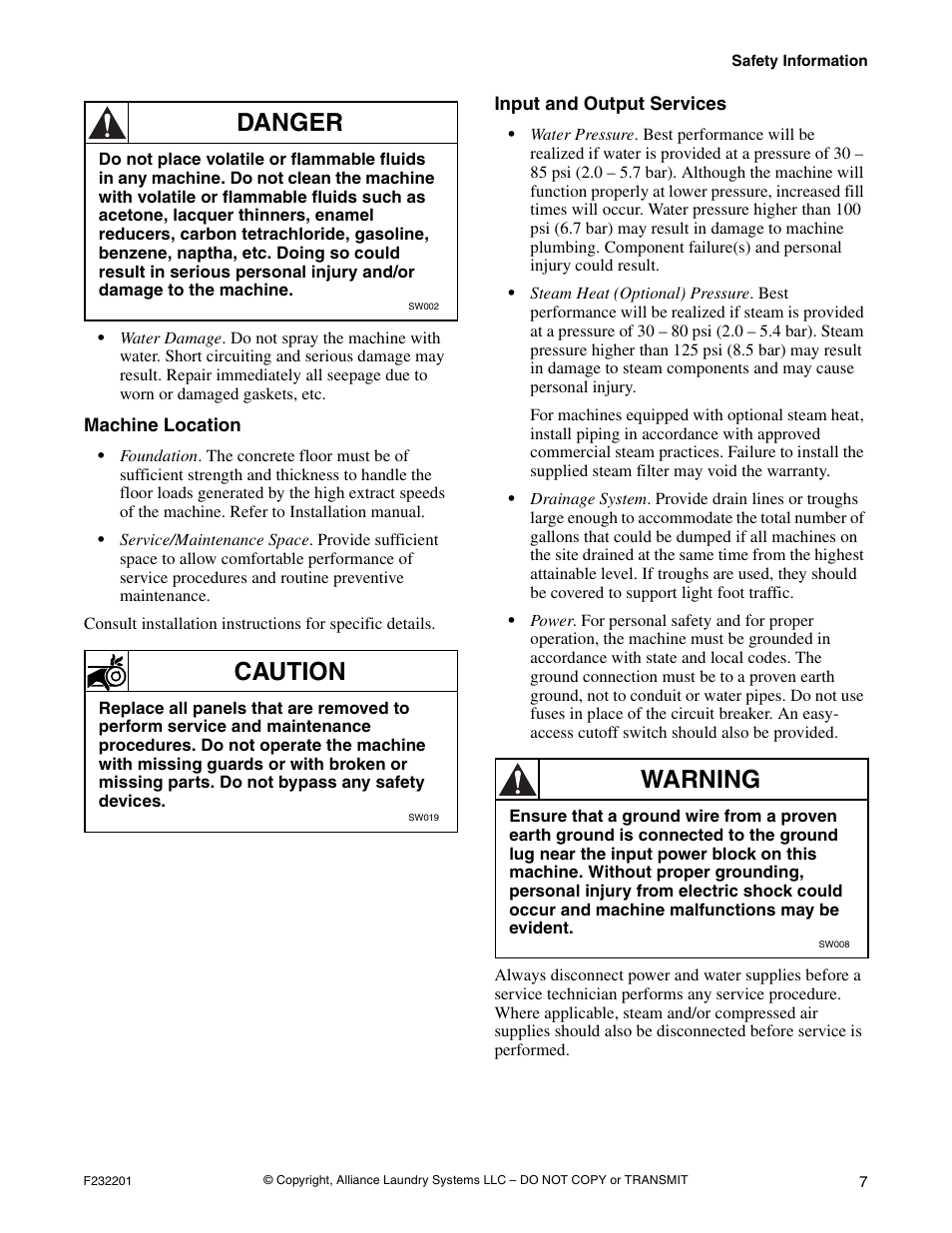 Machine location, Input and output services, Danger | Caution, Warning | Alliance Laundry Systems F232201R4 User Manual | Page 9 / 36