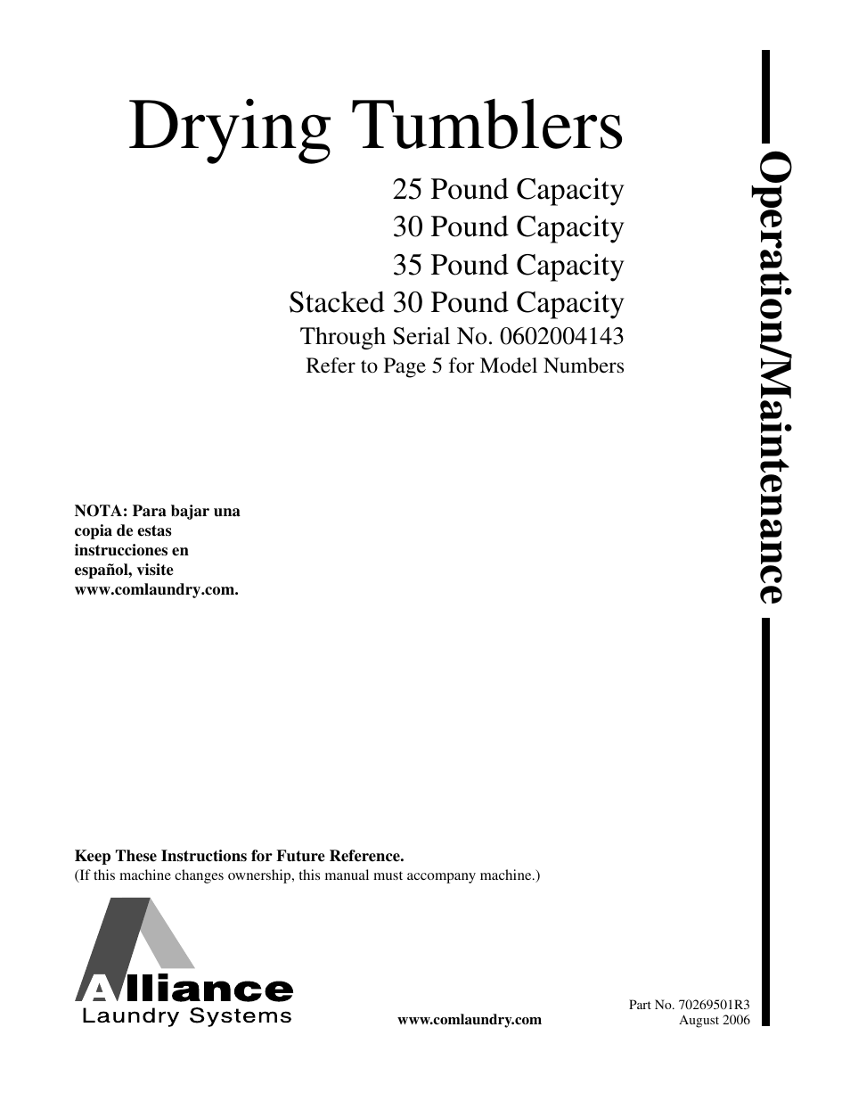 Alliance Laundry Systems DRYING TUMBLERS 70269501R3 User Manual | 30 pages