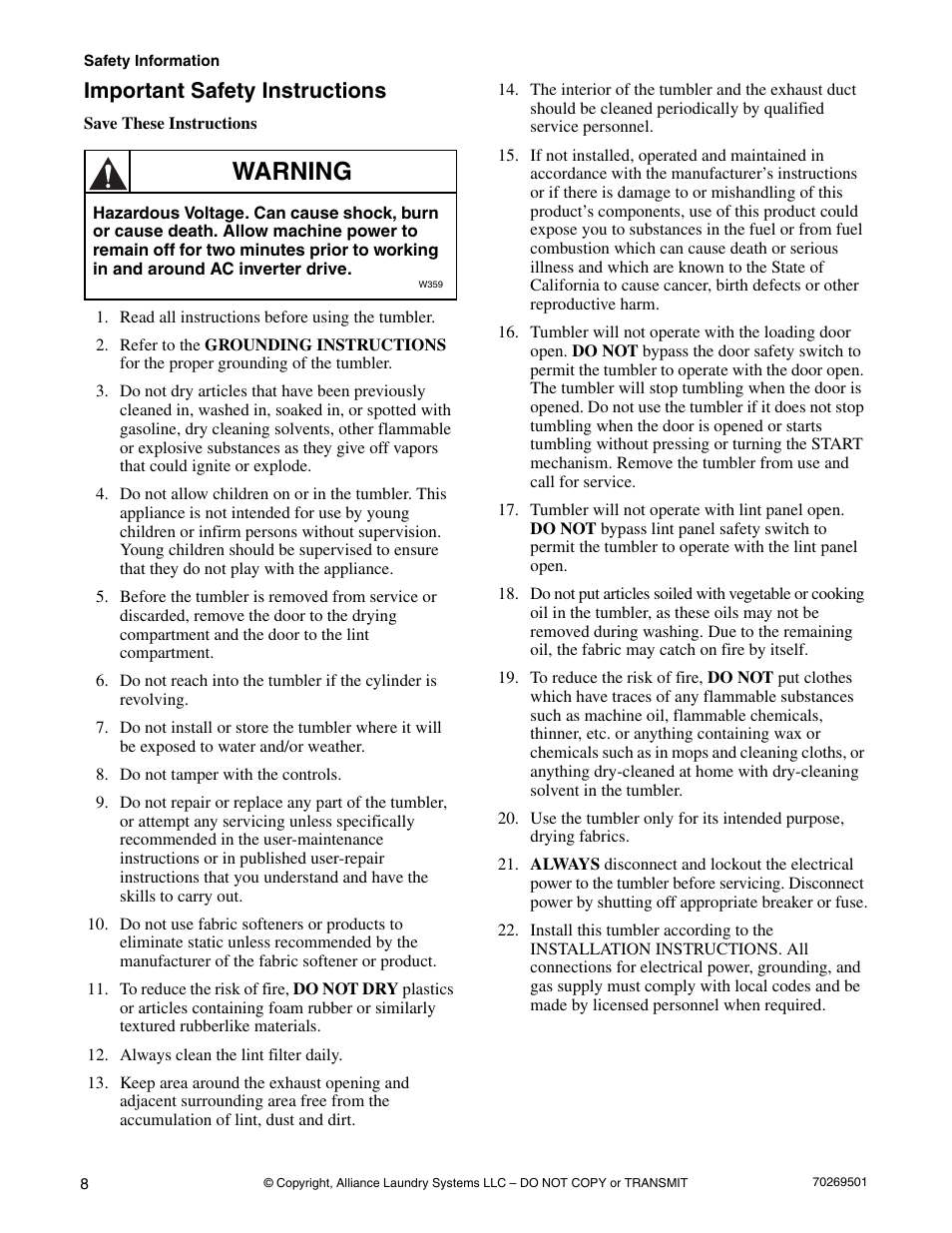 Important safety instructions, Warning | Alliance Laundry Systems DRYING TUMBLERS 70269501R3 User Manual | Page 10 / 30