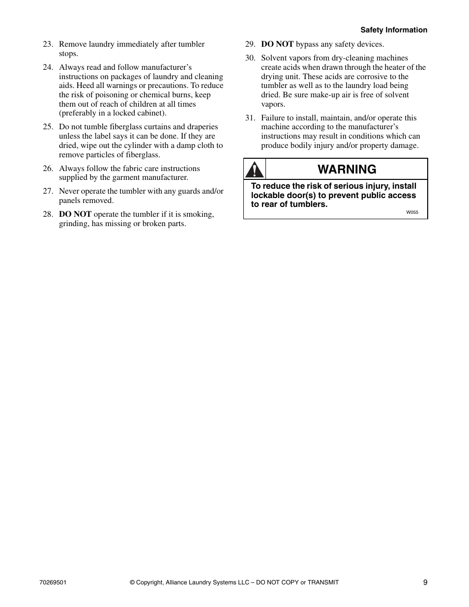 Warning | Alliance Laundry Systems DRYING TUMBLERS 70269501R3 User Manual | Page 11 / 30