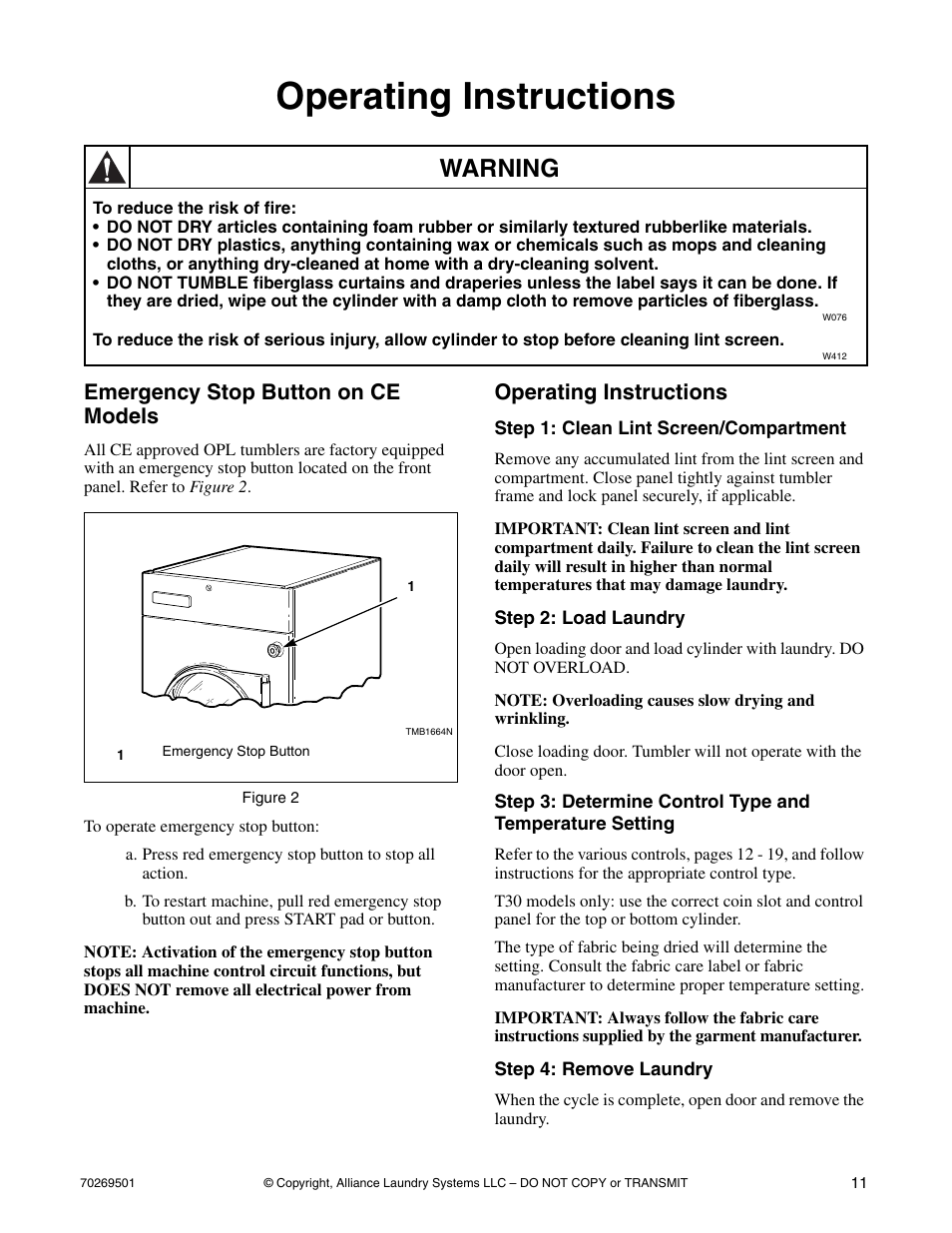 Operating instructions, Warning, Emergency stop button on ce models | Alliance Laundry Systems DRYING TUMBLERS 70269501R3 User Manual | Page 13 / 30