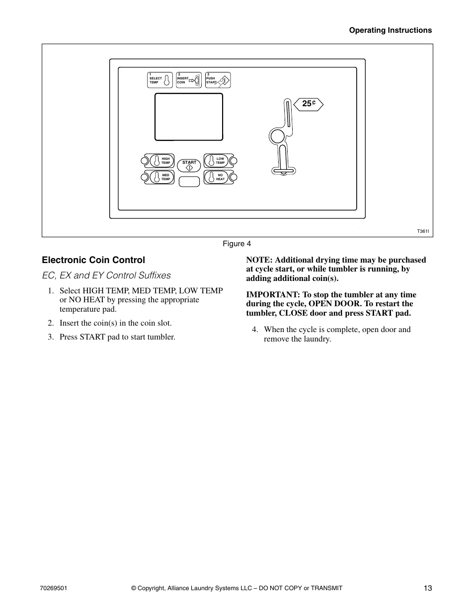 Electronic coin control, Operating instructions 13, Figure 4 | Alliance Laundry Systems DRYING TUMBLERS 70269501R3 User Manual | Page 15 / 30