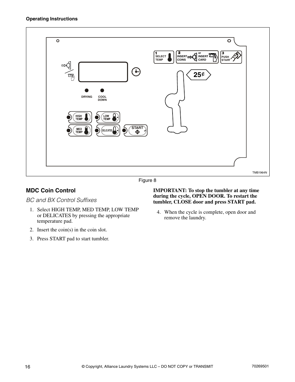 Mdc coin control, Mdc coin control bc and bx control suffixes | Alliance Laundry Systems DRYING TUMBLERS 70269501R3 User Manual | Page 18 / 30