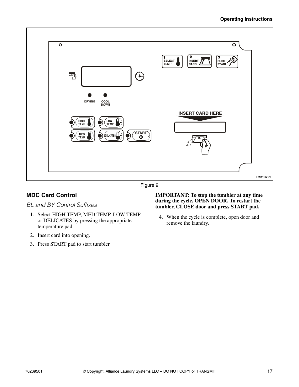 Mdc card control, Mdc card control bl and by control suffixes | Alliance Laundry Systems DRYING TUMBLERS 70269501R3 User Manual | Page 19 / 30