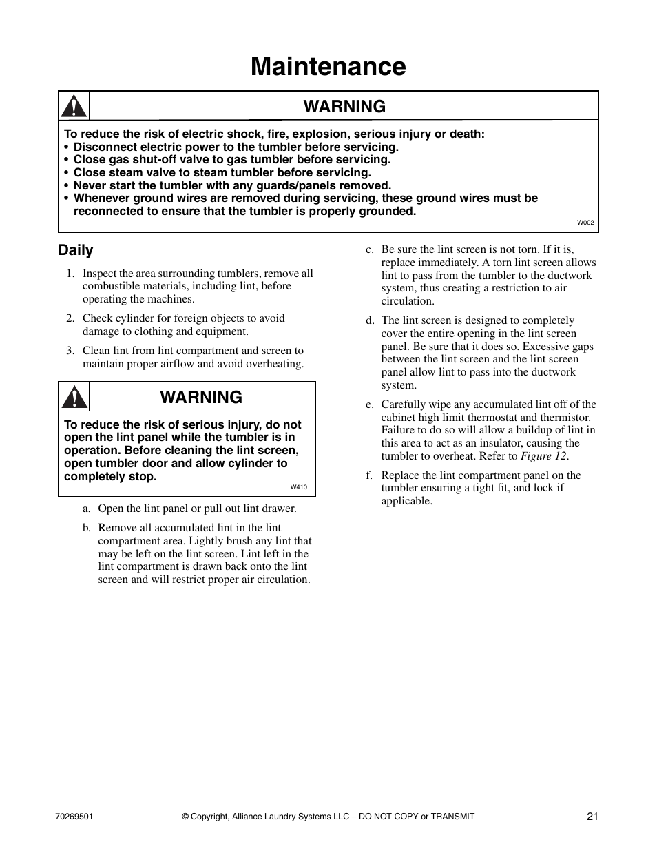 Maintenance, Daily, Warning | Alliance Laundry Systems DRYING TUMBLERS 70269501R3 User Manual | Page 23 / 30