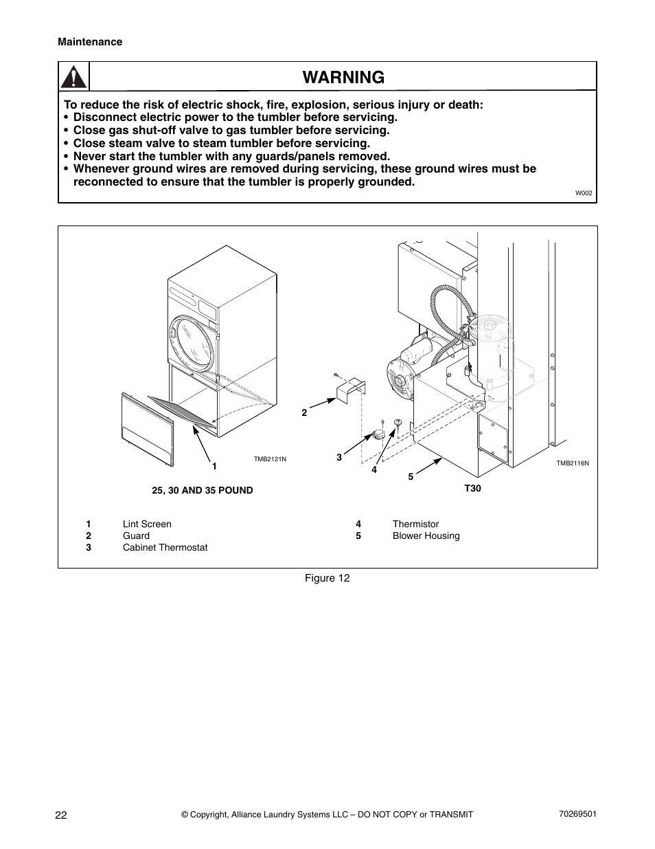 Warning | Alliance Laundry Systems DRYING TUMBLERS 70269501R3 User Manual | Page 24 / 30