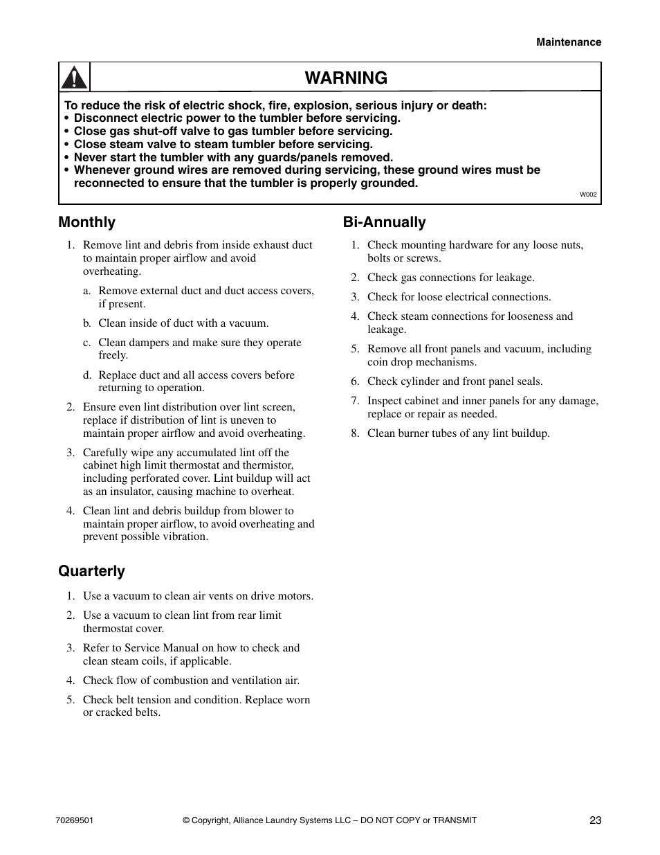 Monthly quarterly bi-annually, Warning, Monthly | Quarterly, Bi-annually | Alliance Laundry Systems DRYING TUMBLERS 70269501R3 User Manual | Page 25 / 30