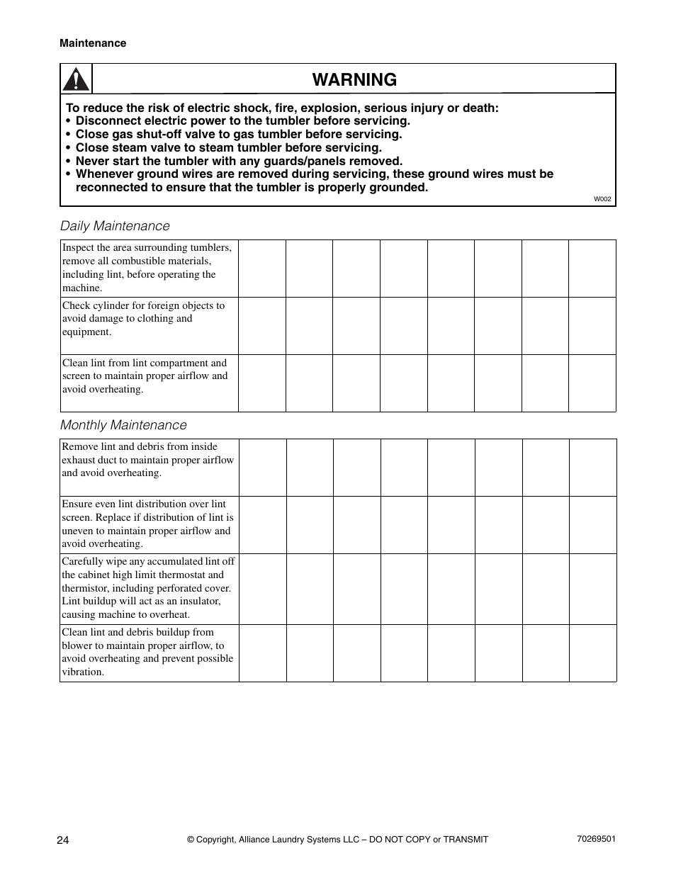 Warning | Alliance Laundry Systems DRYING TUMBLERS 70269501R3 User Manual | Page 26 / 30