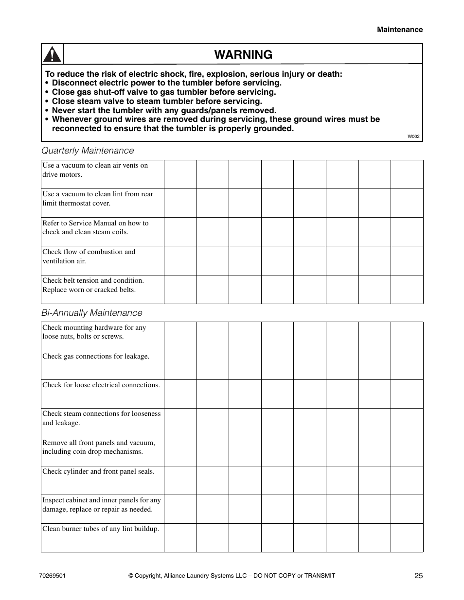 Warning | Alliance Laundry Systems DRYING TUMBLERS 70269501R3 User Manual | Page 27 / 30