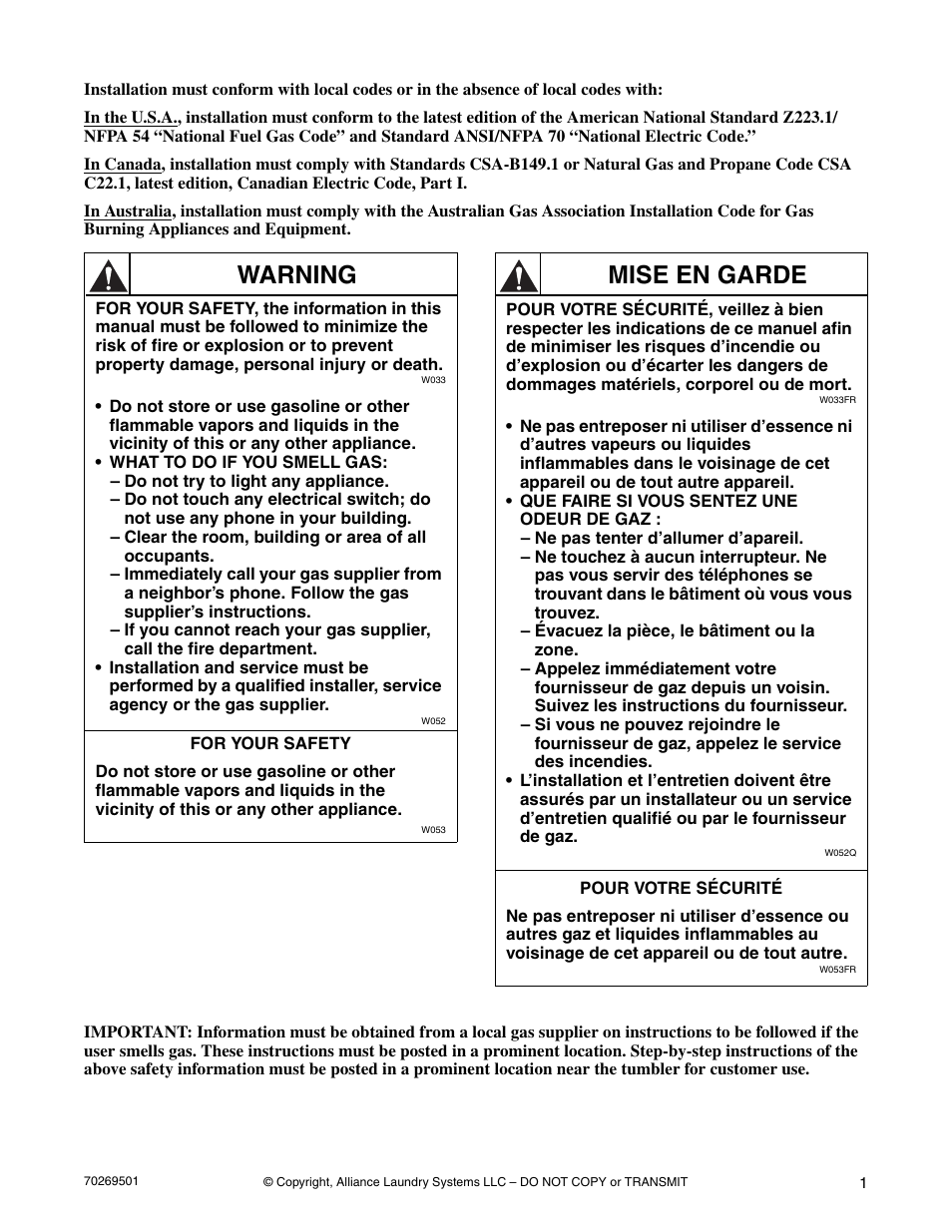 Warning, Mise en garde | Alliance Laundry Systems DRYING TUMBLERS 70269501R3 User Manual | Page 3 / 30