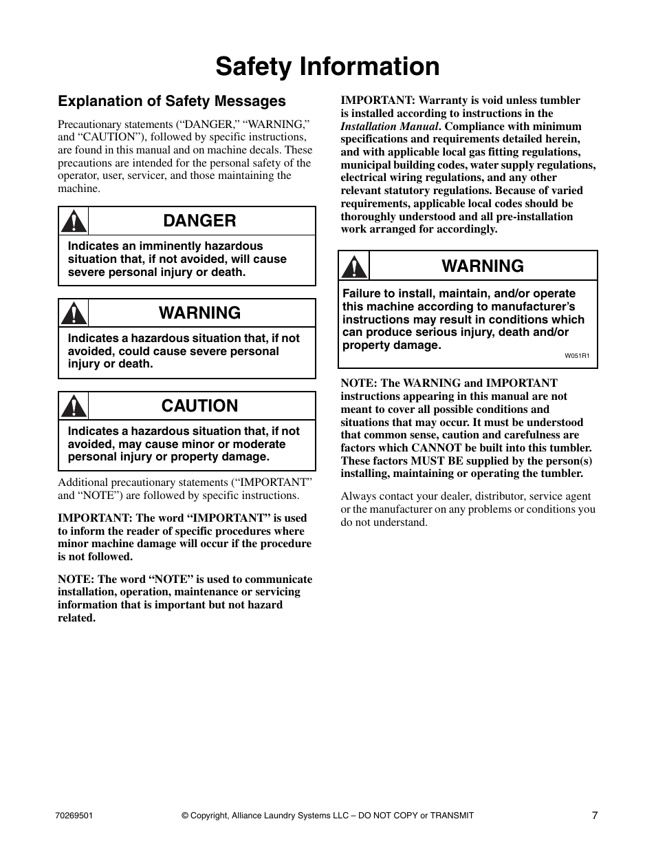 Safety information, Explanation of safety messages, Danger | Warning, Caution | Alliance Laundry Systems DRYING TUMBLERS 70269501R3 User Manual | Page 9 / 30