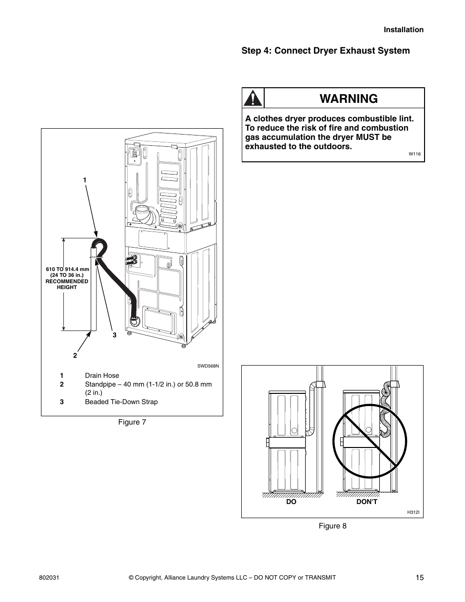 Warning, Standpipe installation, Step 4: connect dryer exhaust system | Alliance Laundry Systems SWD444C User Manual | Page 17 / 48