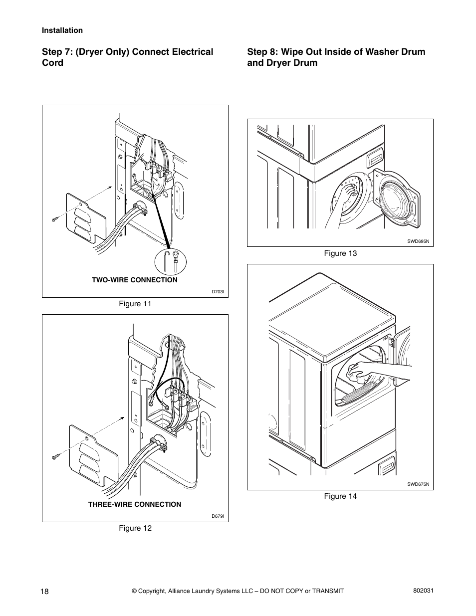 Step 7: (dryer only) connect electrical cord | Alliance Laundry Systems SWD444C User Manual | Page 20 / 48