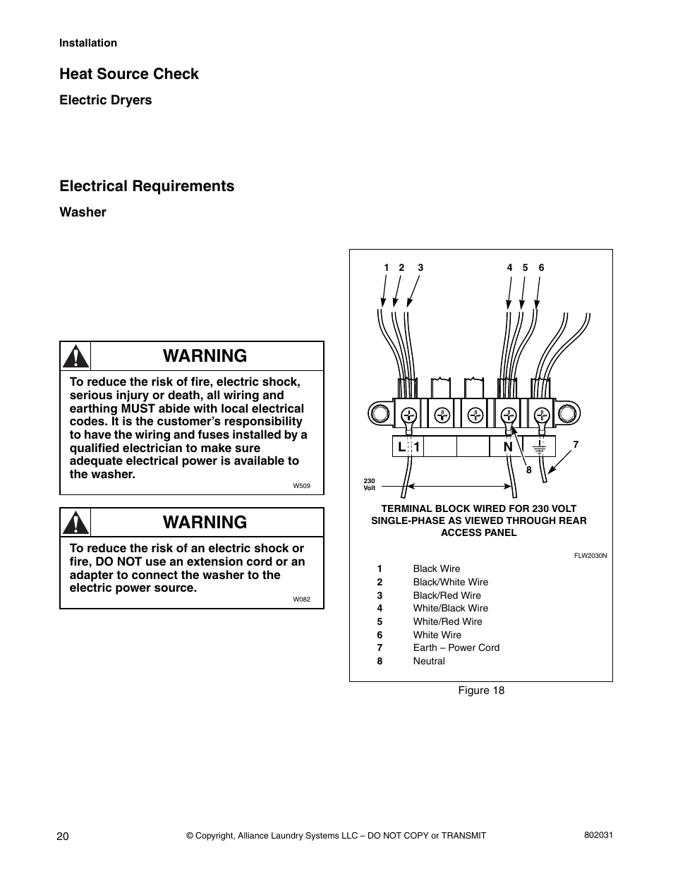 Warning, Heat source check, Electrical requirements | Alliance Laundry Systems SWD444C User Manual | Page 22 / 48