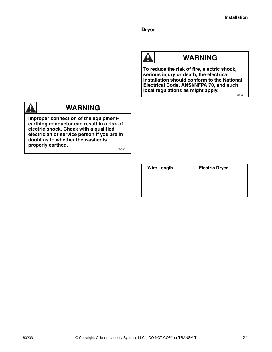 Warning | Alliance Laundry Systems SWD444C User Manual | Page 23 / 48