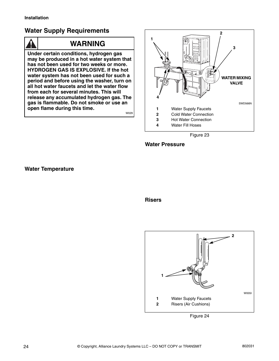 Warning, Water supply requirements | Alliance Laundry Systems SWD444C User Manual | Page 26 / 48