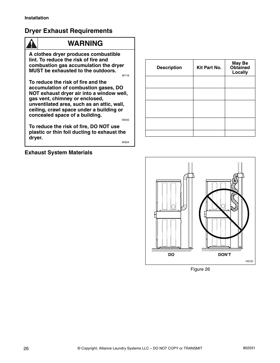 Warning, Dryer exhaust requirements | Alliance Laundry Systems SWD444C User Manual | Page 28 / 48
