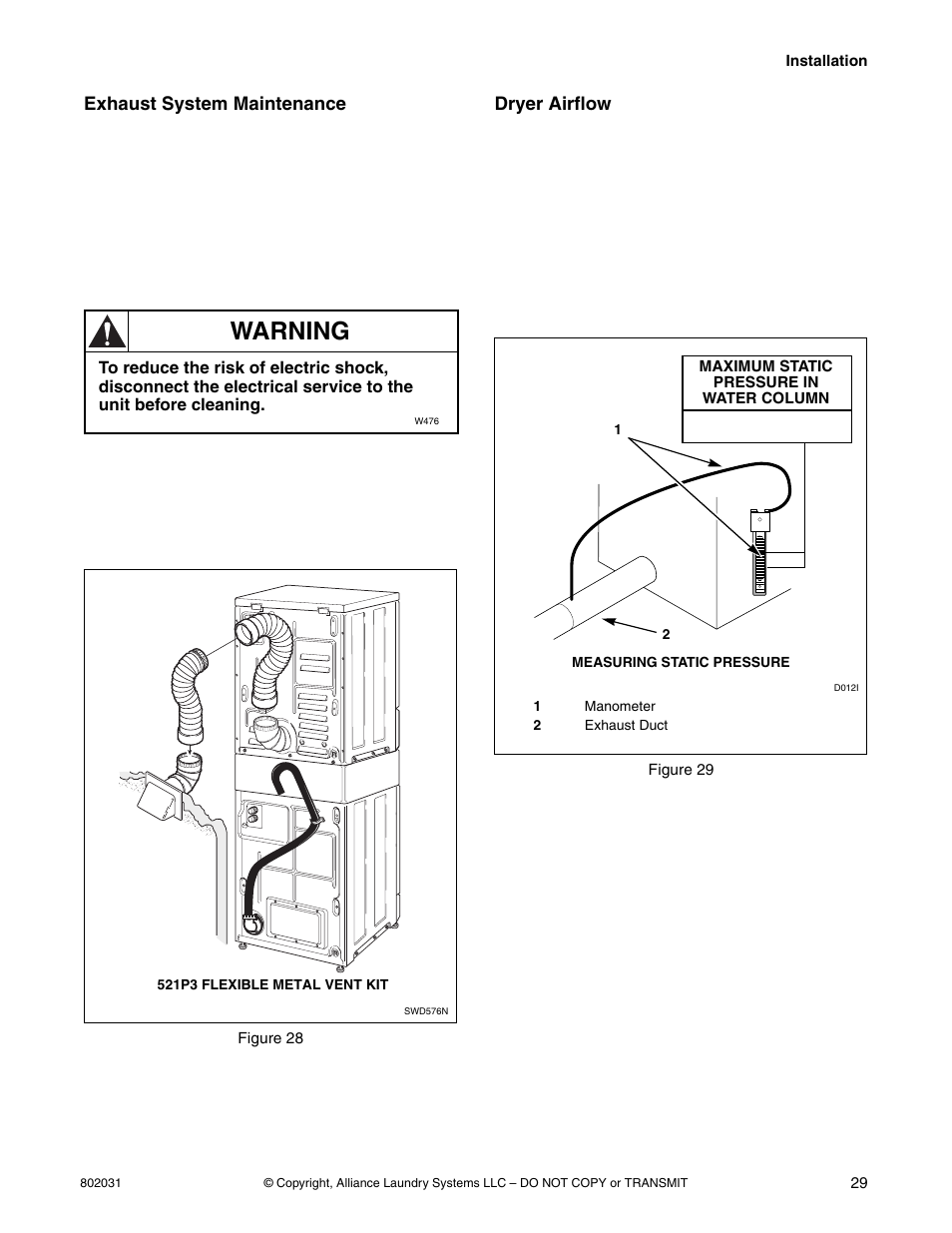 Warning, Exhaust system maintenance, Dryer airflow | Alliance Laundry Systems SWD444C User Manual | Page 31 / 48