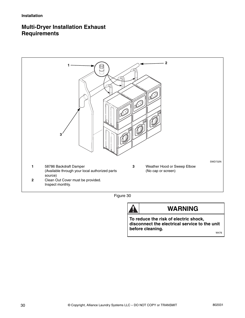 Warning, Multi-dryer installation exhaust requirements | Alliance Laundry Systems SWD444C User Manual | Page 32 / 48