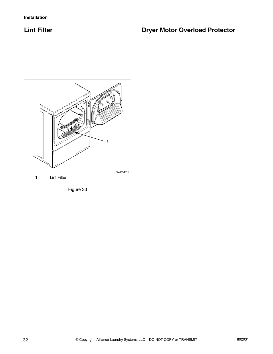 Lint filter, Dryer motor overload protector | Alliance Laundry Systems SWD444C User Manual | Page 34 / 48