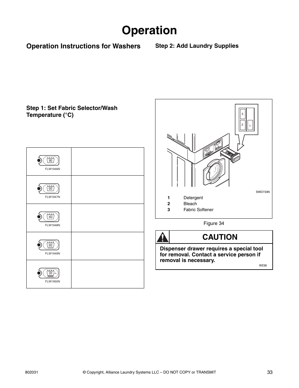 Operation, Caution, Operation instructions for washers | Step 1: set fabric selector/wash temperature (°c), Step 2: add laundry supplies | Alliance Laundry Systems SWD444C User Manual | Page 35 / 48