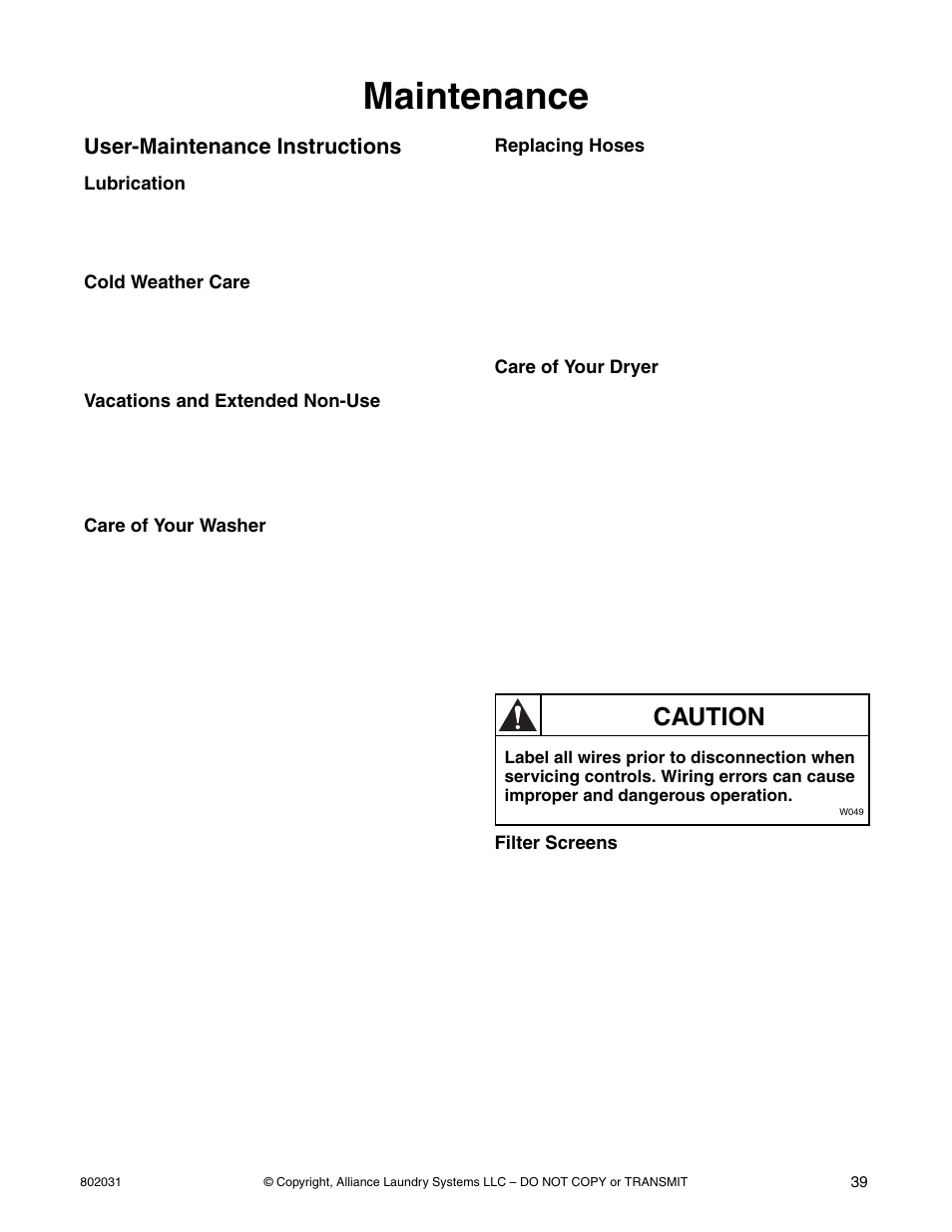 Maintenance, Caution | Alliance Laundry Systems SWD444C User Manual | Page 41 / 48