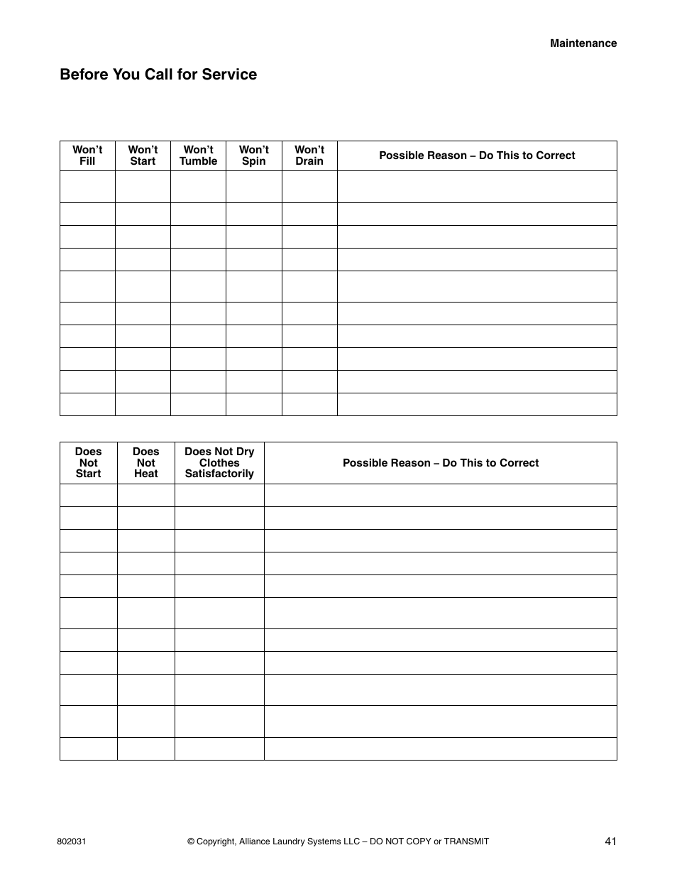 Before you call for service | Alliance Laundry Systems SWD444C User Manual | Page 43 / 48