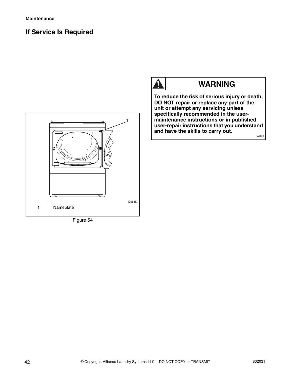 Warning, If service is required | Alliance Laundry Systems SWD444C User Manual | Page 44 / 48