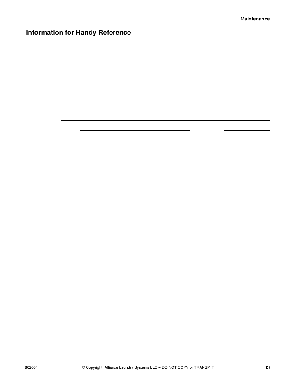 Information for handy reference | Alliance Laundry Systems SWD444C User Manual | Page 45 / 48