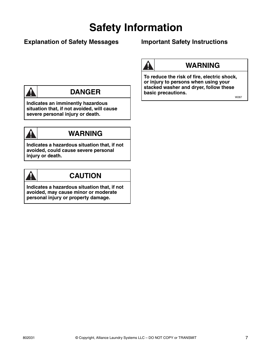 Safety information, Danger, Warning | Caution | Alliance Laundry Systems SWD444C User Manual | Page 9 / 48