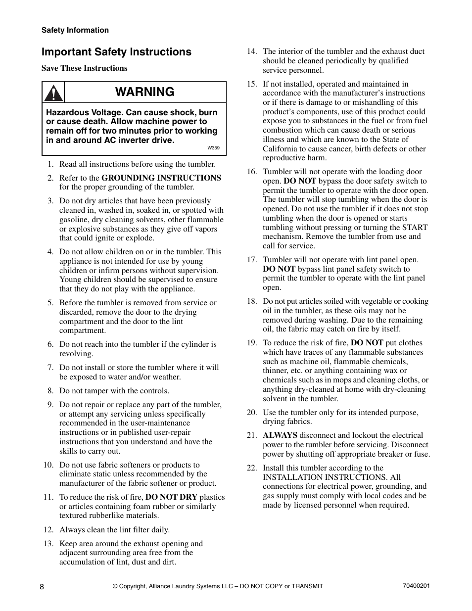 Warning, Important safety instructions | Alliance Laundry Systems 25 User Manual | Page 10 / 28