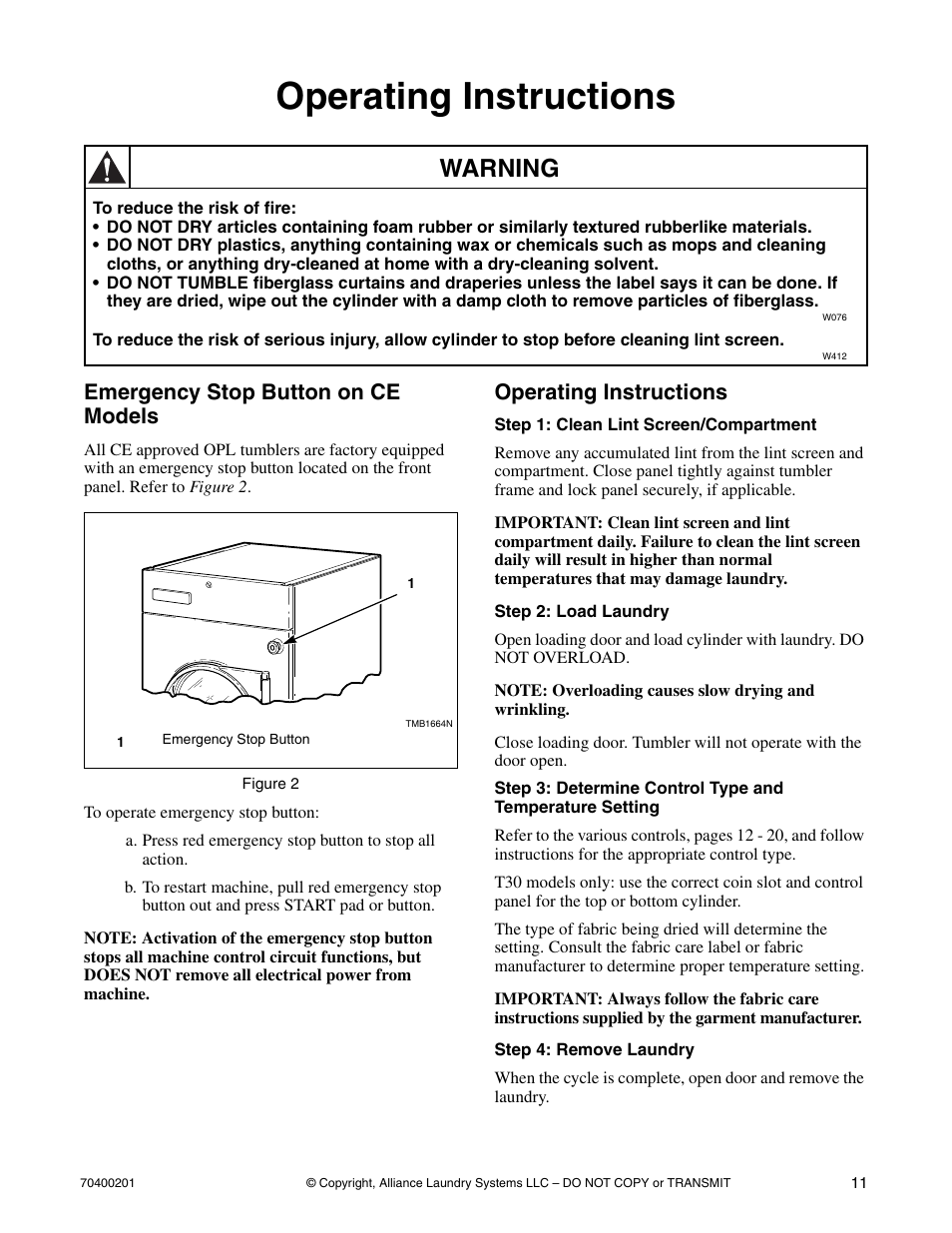 Operating instructions, Warning, Emergency stop button on ce models | Alliance Laundry Systems 25 User Manual | Page 13 / 28