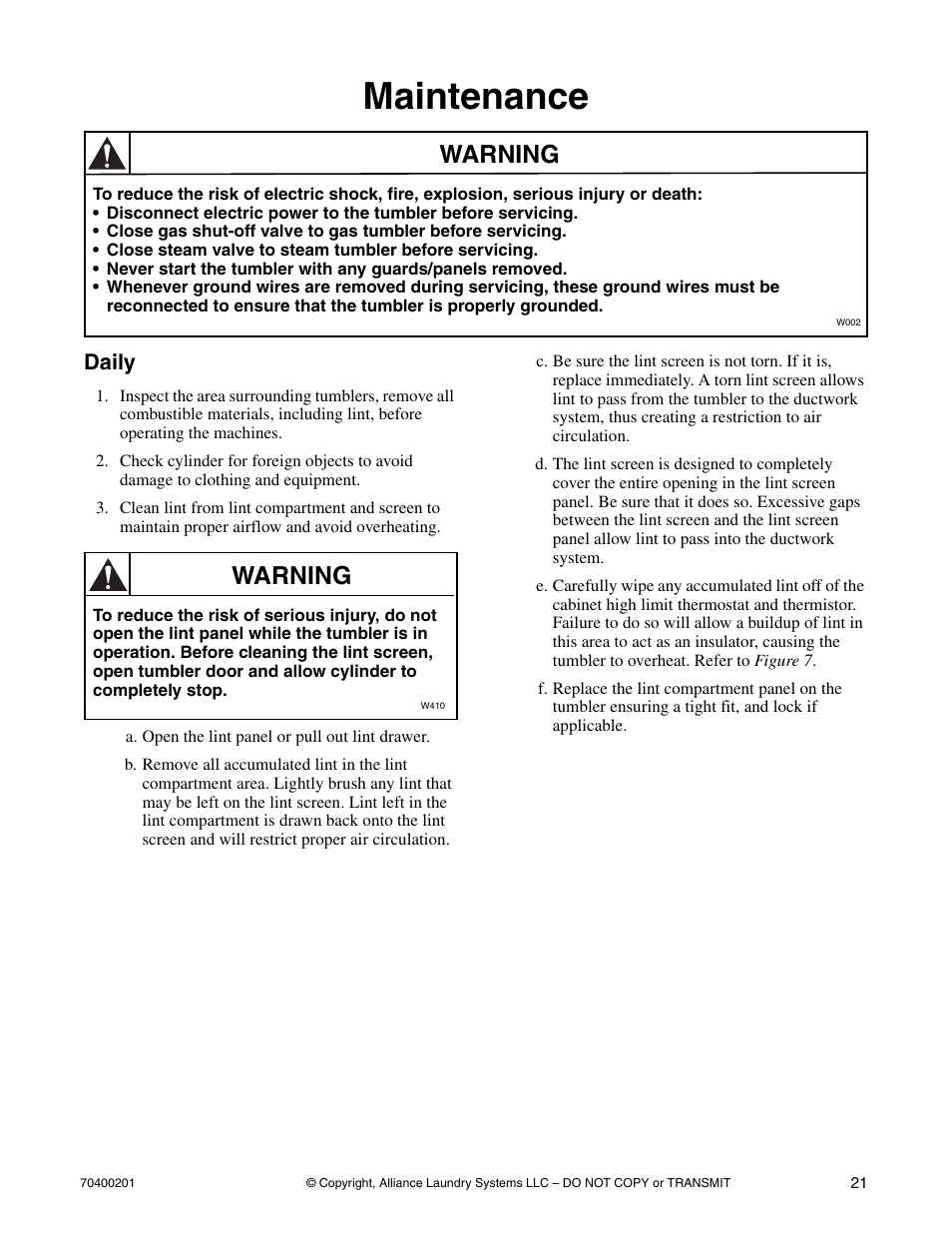 Maintenance, Warning, Daily | Alliance Laundry Systems 25 User Manual | Page 23 / 28
