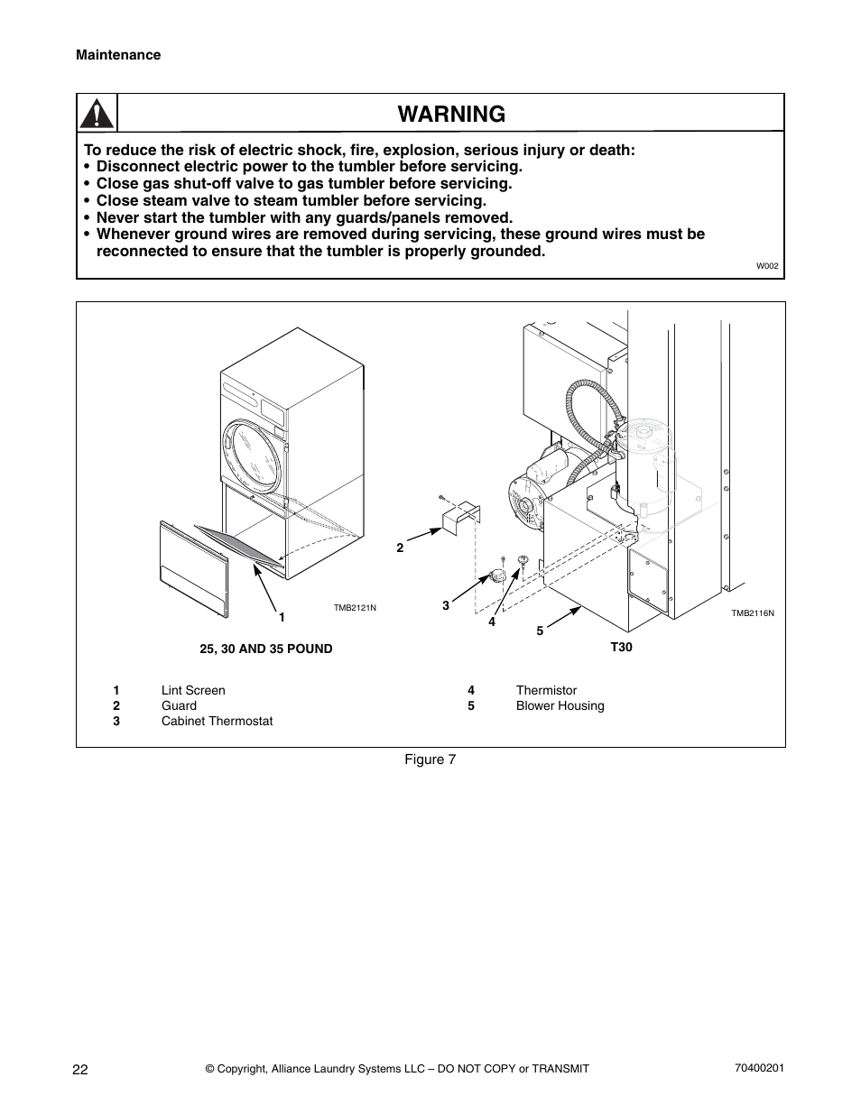 Warning | Alliance Laundry Systems 25 User Manual | Page 24 / 28