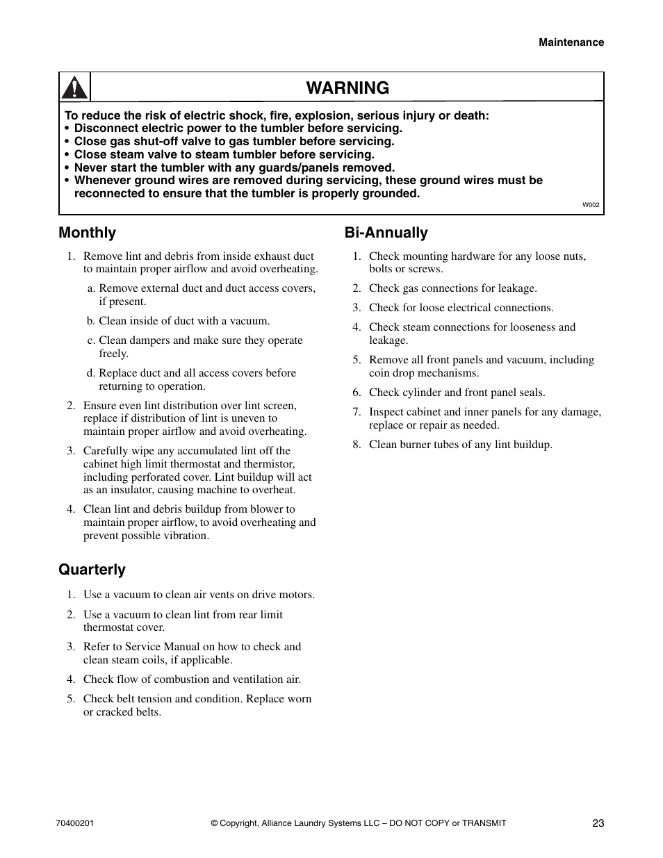 Warning, Monthly, Quarterly | Bi-annually | Alliance Laundry Systems 25 User Manual | Page 25 / 28