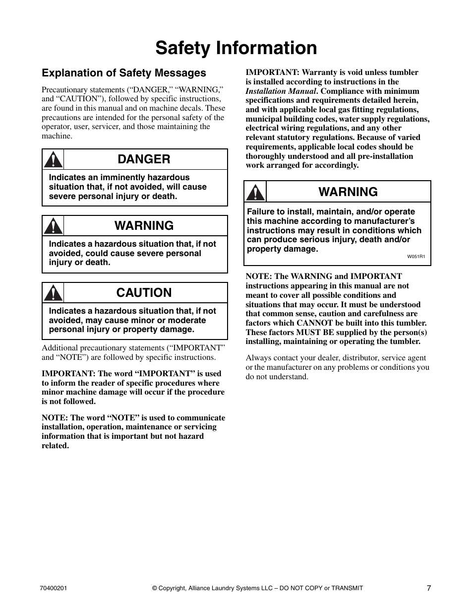 Safety information, Danger, Warning | Caution | Alliance Laundry Systems 25 User Manual | Page 9 / 28