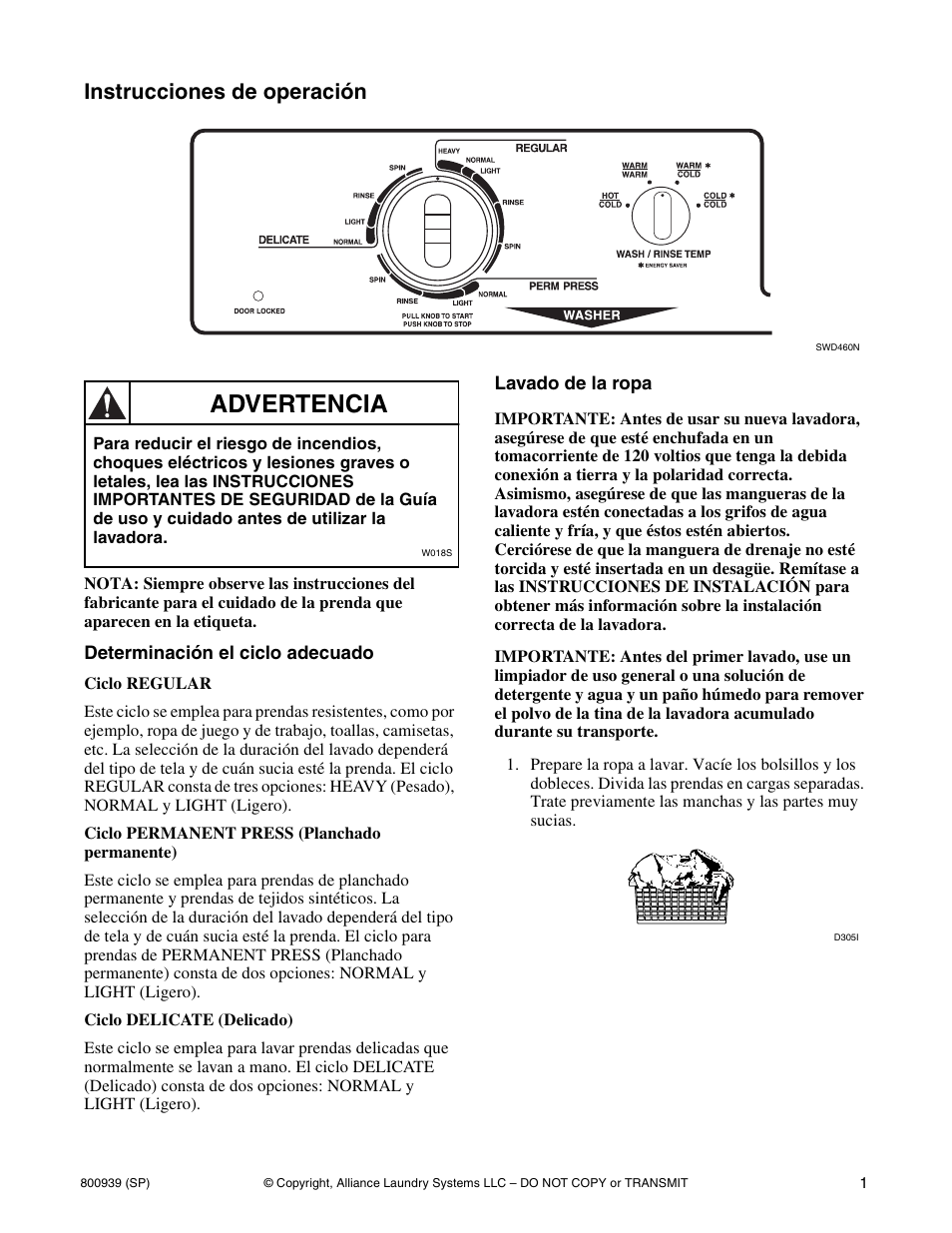 Advertencia, Instrucciones de operación | Alliance Laundry Systems LTS87A*H User Manual | Page 11 / 16