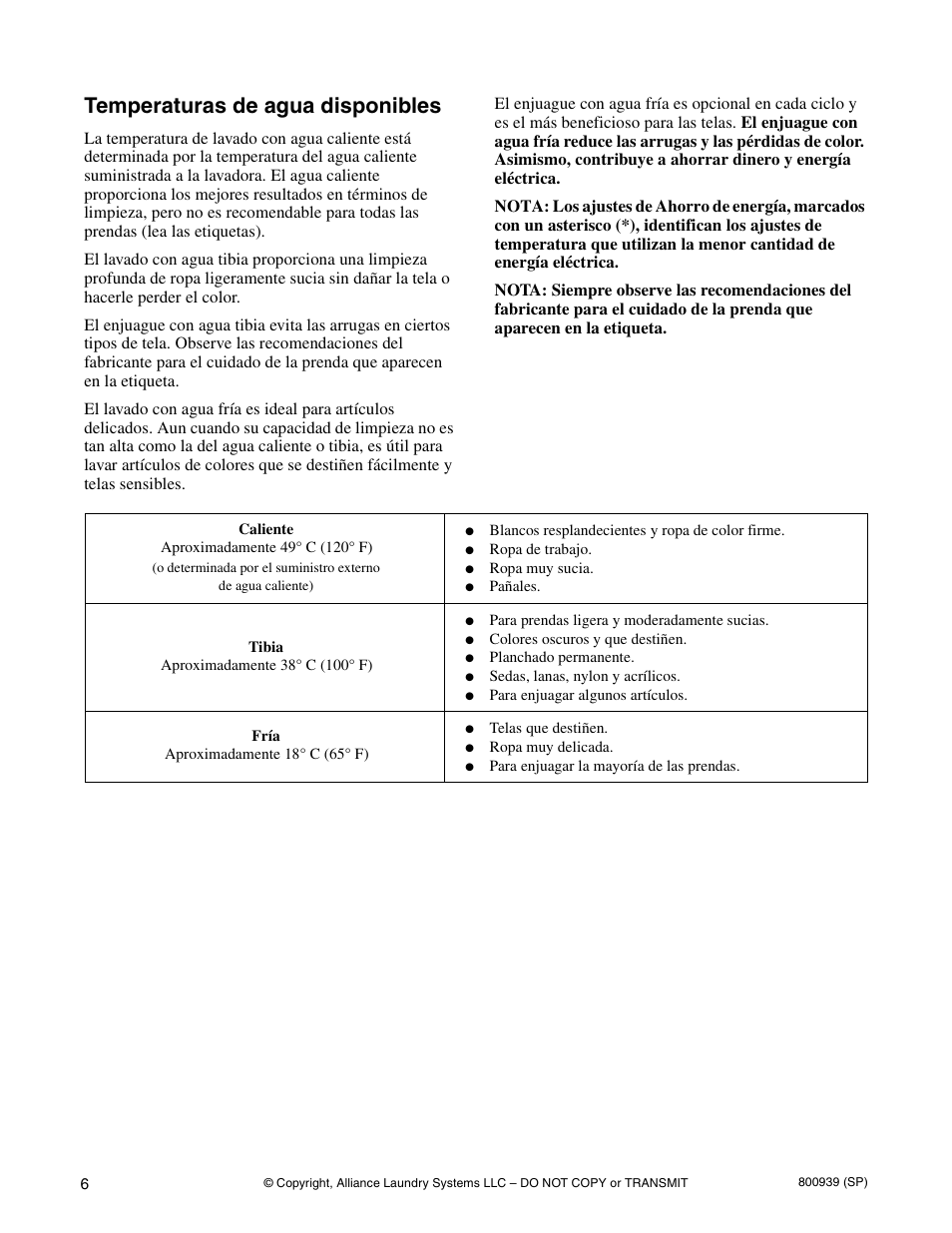 Temperaturas de agua disponibles | Alliance Laundry Systems LTS87A*H User Manual | Page 16 / 16