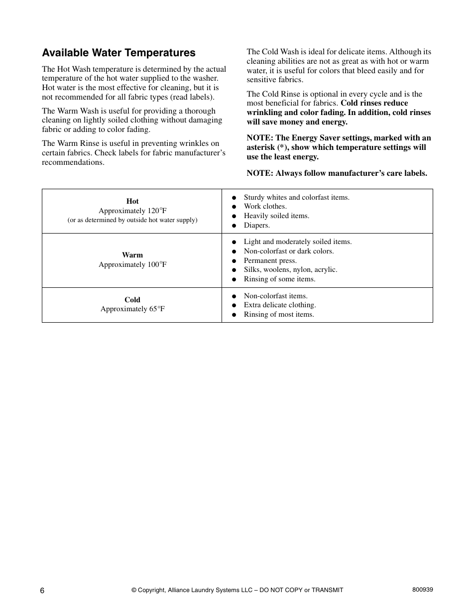 Available water temperatures | Alliance Laundry Systems LTS87A*H User Manual | Page 8 / 16