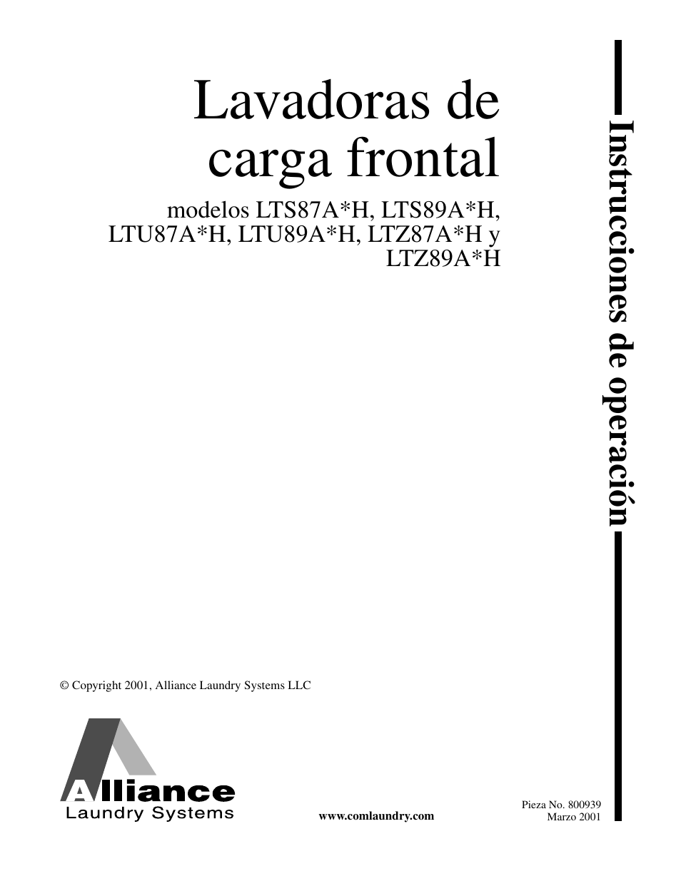 Lavadoras de carga frontal, Instrucciones de operación | Alliance Laundry Systems LTS87A*H User Manual | Page 9 / 16