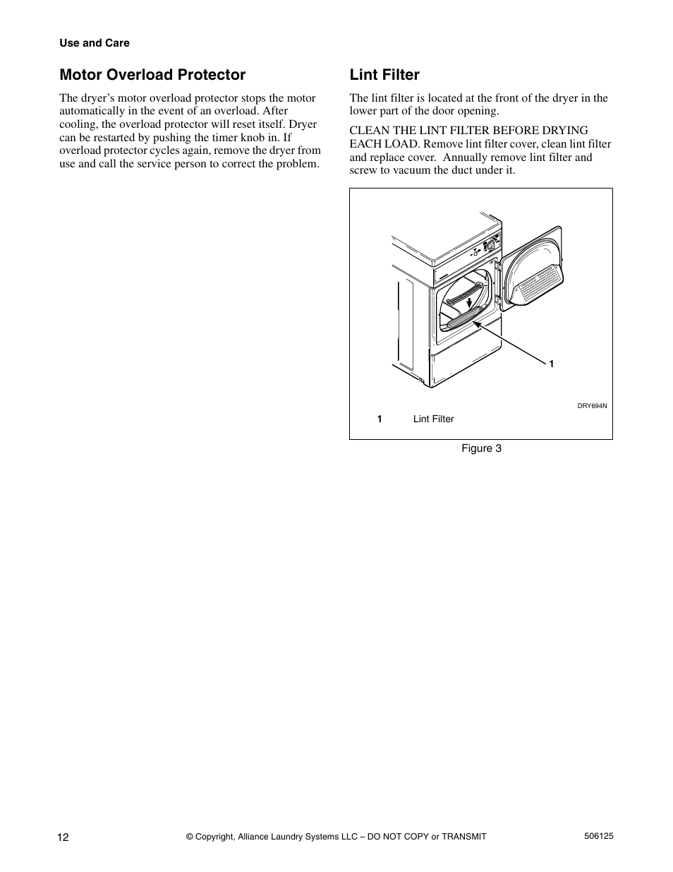 Motor overload protector, Lint filter | Alliance Laundry Systems DRY683C User Manual | Page 14 / 42